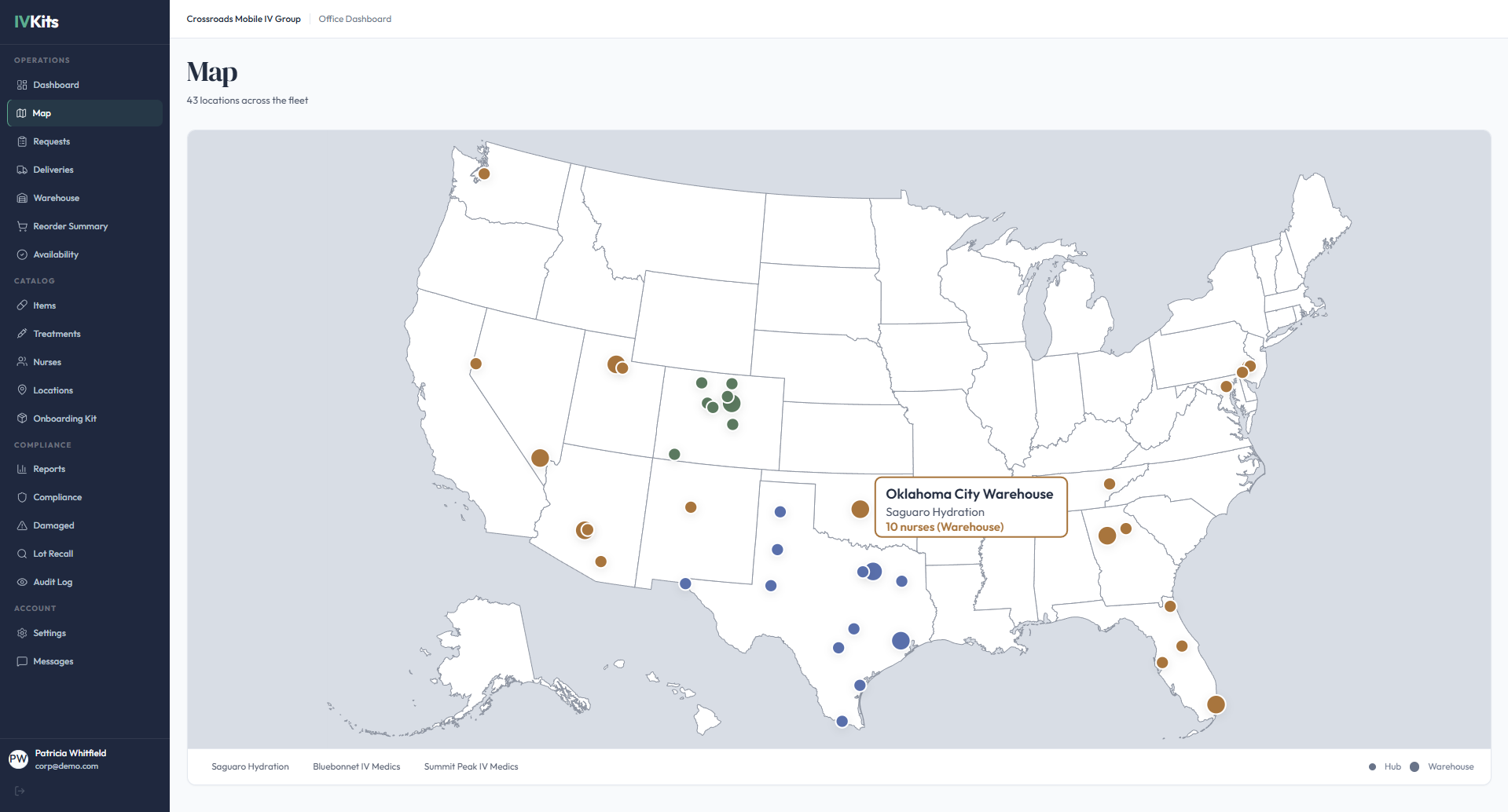 IVKits fleet map view with color-coded locations