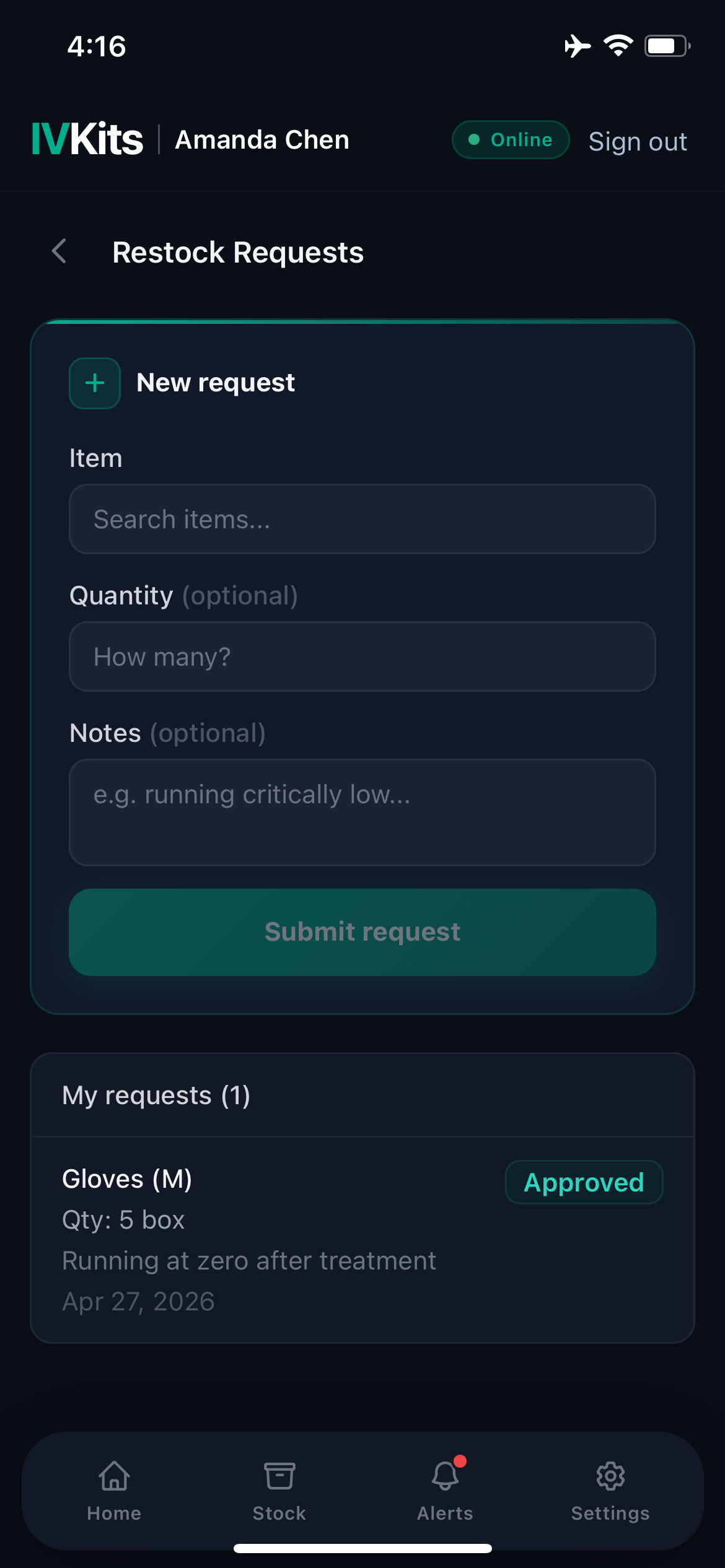 Nurse restock request — submitting a supply request from the app